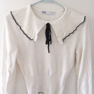 Zara Cream Knit Top with Black Trim Collar